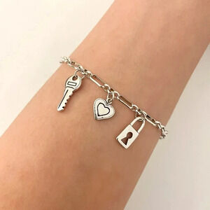 925 Sterling Silver Lock Key Bracelet Heart Charm Bracelet Chain Link Bracelet